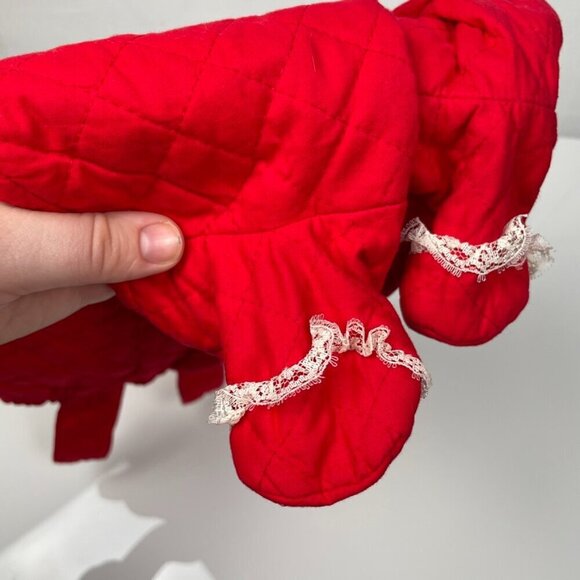 Vintage Red Christmas Quilted Infant footie Overalls with White Lace trim - Picture 7 of 10